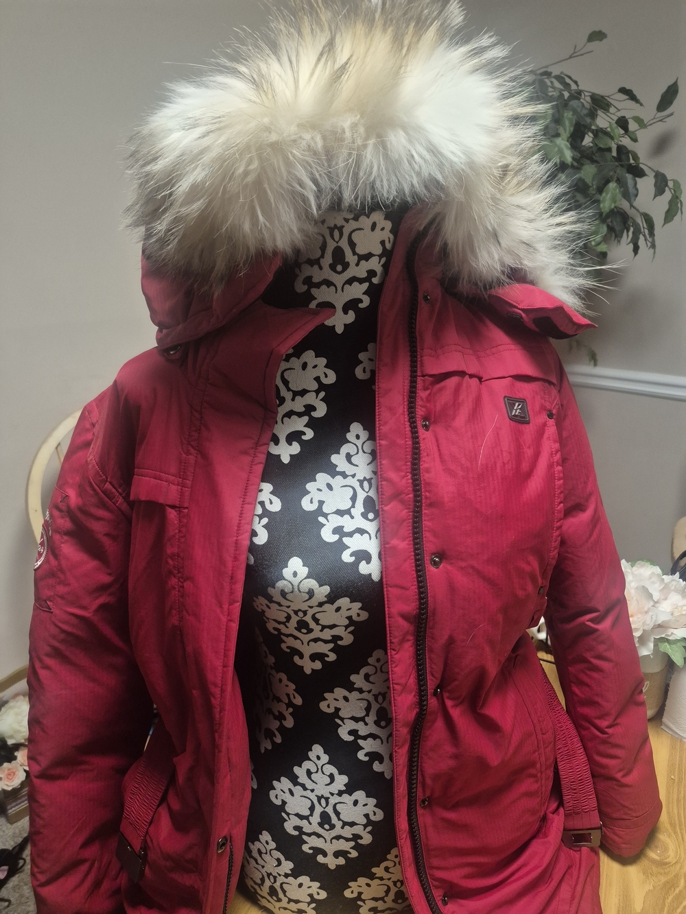 Women's Red Parka Jacket with Faux Fur Hood